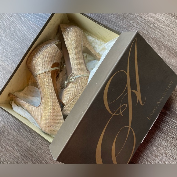 Gold Sparkle Peep Toe Heels - Picture 2 of 16